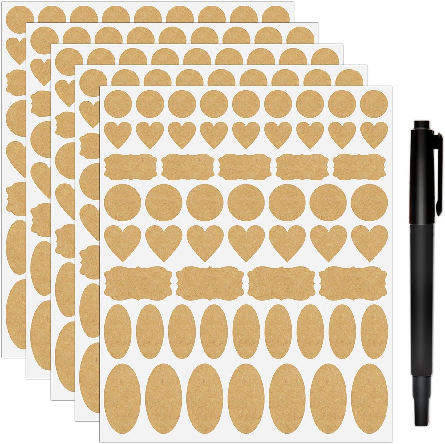 Nardo Visgo Natural Brown Kraft Paper Label Stickers,Removable Assorted Size and Shapes Kraft Labels for Essential Oil Bottles,Mason Jars,Storage Containers or Gift Decoration,Free Black Marker,285pcs