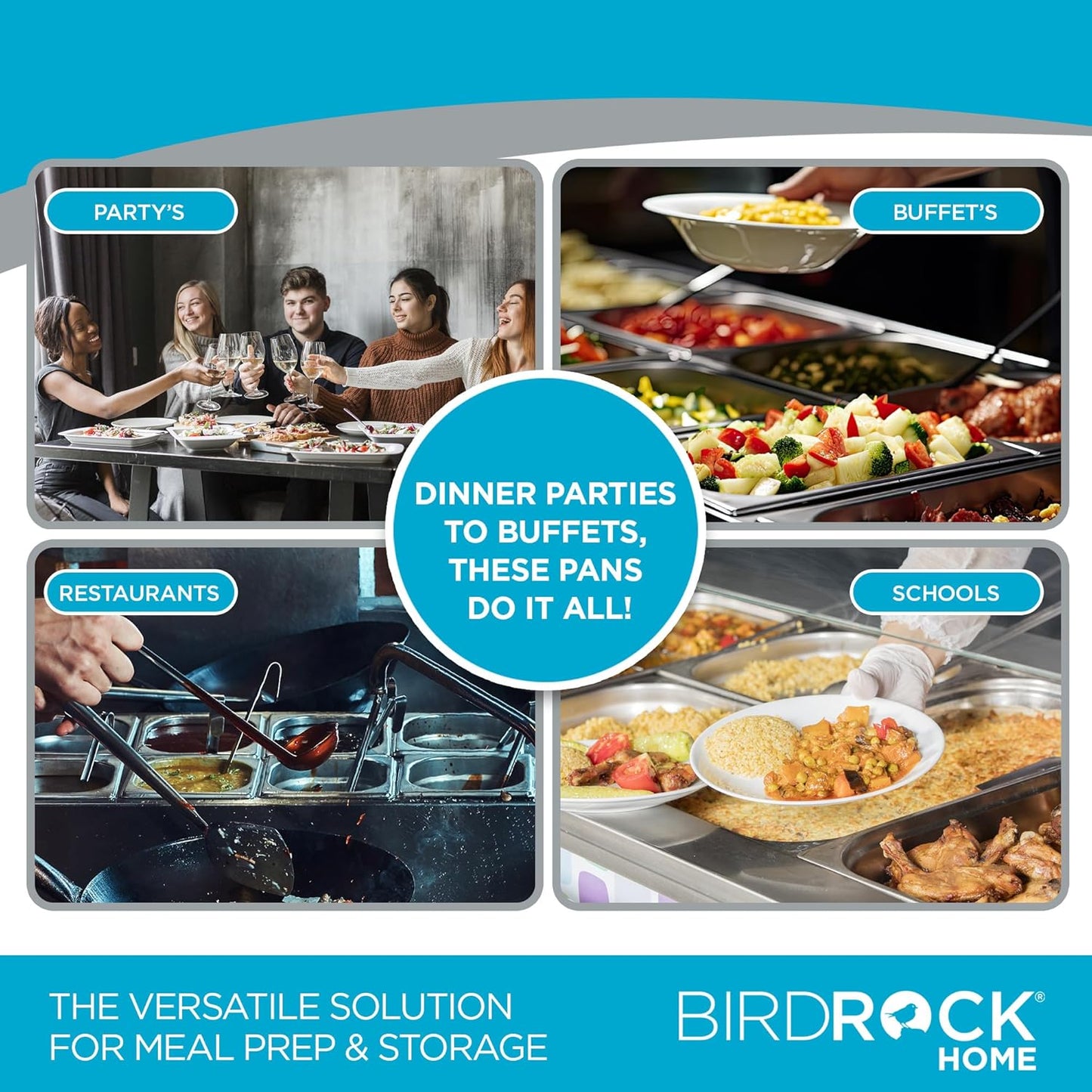 BIRDROCK HOME Stainless Steel Steam Table Pan - Hotel, Restaurant & Catering Supplies - 24 Gauge Steel, 6.2 qt Capacity - Meal Prep, Cooking, &Food Storage Container - 6" Depth, 1/3-Size (6 Pack)