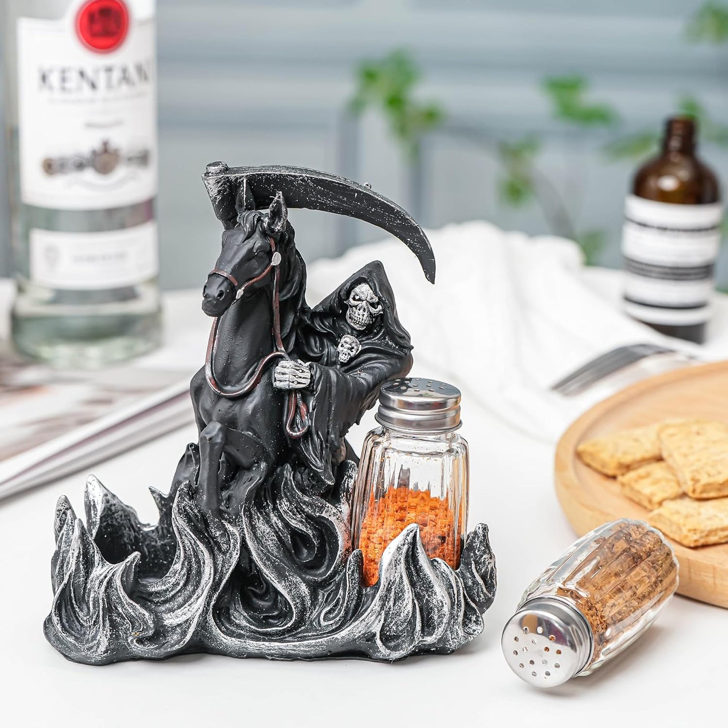 Black Holy Death Statue Shaker Holder - Salt And Pepper Dispenser with Resin Grim Reaper Figurines And Collectibles Holder - Farmhouse Kitchen DéCor with Glass Spice Jars