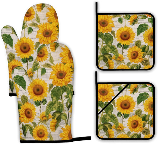 Vintage Sunflower Oven Mitts and Pot Holders,Heat Resistant Oven Mitts Gloves and Pot Holder for Home Kitchen Decorations Cooking Baking BBQ Gifts,Set of 4