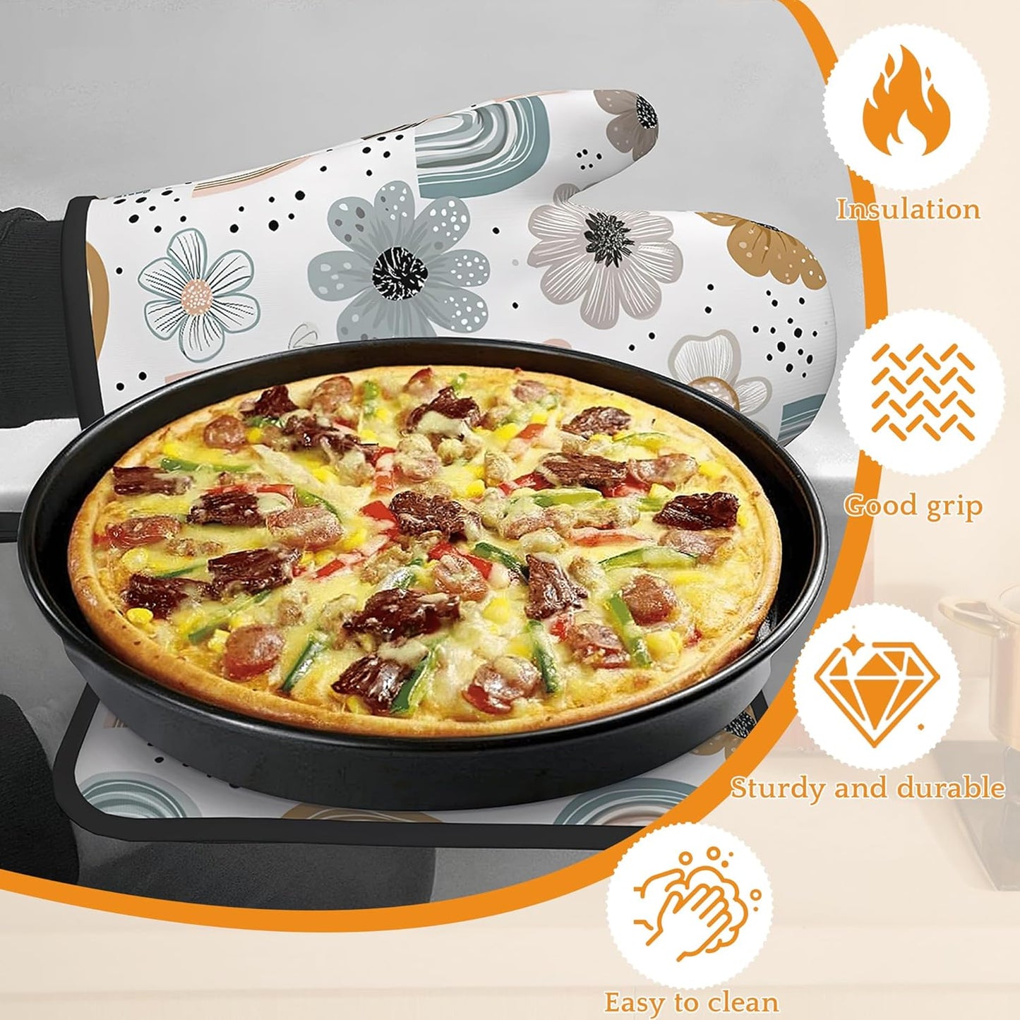 Cute Rainbows Oven Mitts and Pot Holders,Boho Floral Flowers Heat Resistant Oven Mitts Gloves and Pot Holder for Home Kitchen Decorations Cooking Baking BBQ Gifts,Set of 4