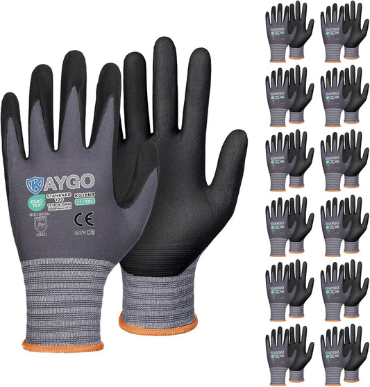 KAYGO Safety Work Gloves MicroFoam Nitrile Coated, 12 Pairs KG18NB,Seamless Knit Nylon Glove for Men and Women, Ideal for Automotive,Warehouse,Construction (2X-Large,Gray)