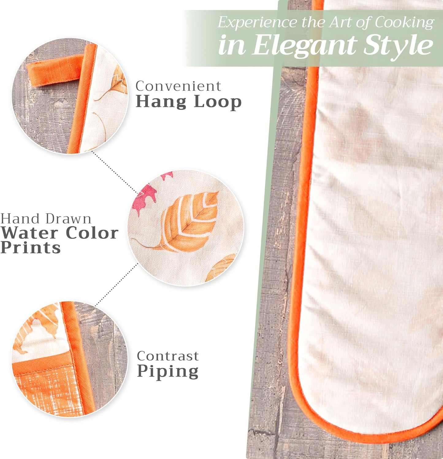 Maison d' Hermine Double Oven Mitts 100% Cotton 7"x35" Double Oven Mitt Heat Resistant BBQ Cooking Gloves with Loop, Baking, Grilling, Home, Kitchen, Handling Hot Pans (Colors of Autumn)