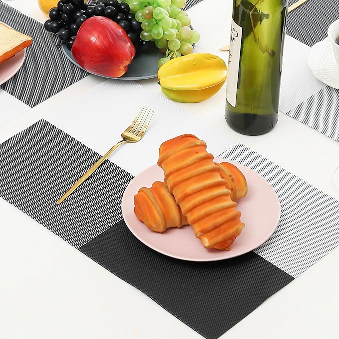 Leetaltree Gray with White Grid Pattern Placemats Set of 4 - Heat Resistant Non-Slip Place mats for Dining Table, Washable Durable PVC Vinyl Woven Table Mats（Grey Grid, 4）