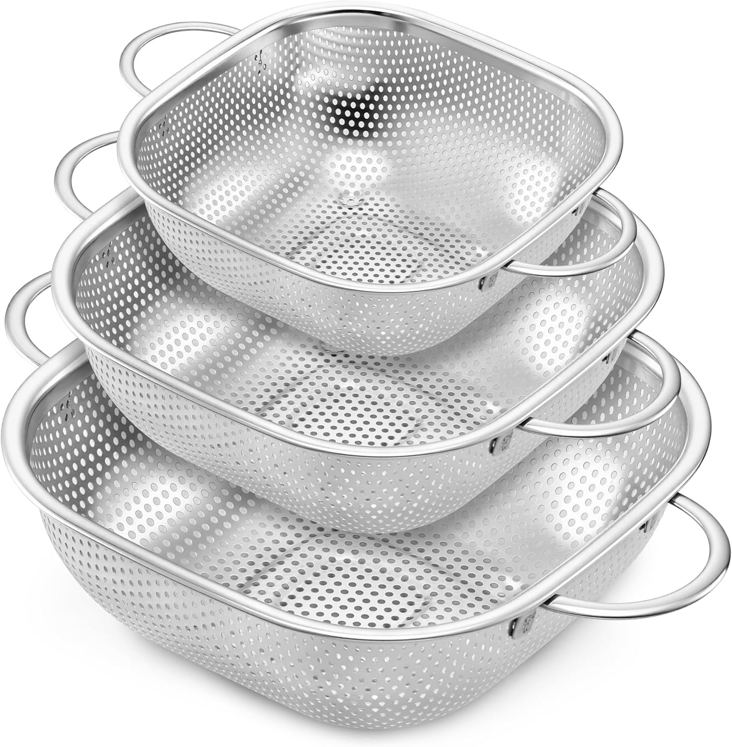 E-far 3 Pack Colander for Kitchen, Square Stainless Steel Metal Strainer Colander with Handle for Draining Food Pasta Vegetable, Micro-Perforated & Elevated Feet, Dishwasher Safe(2.4/4/6QT)