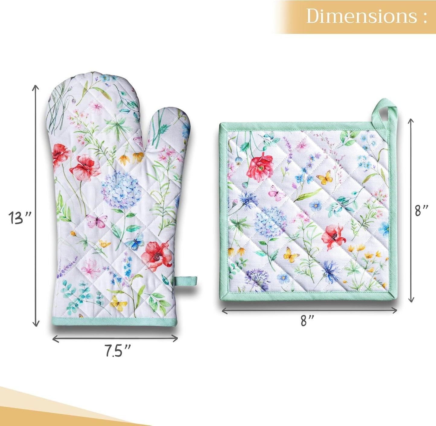 Maison d' Hermine 100% Cotton Oven Mitt & Pot Holder Set (7.5"x13" & 8"x8") Heat Resistant BBQ Cooking Gloves with Loop, Baking, Grilling, Kitchen, Handling Hot Pans Spring/Summer (Just Floral)