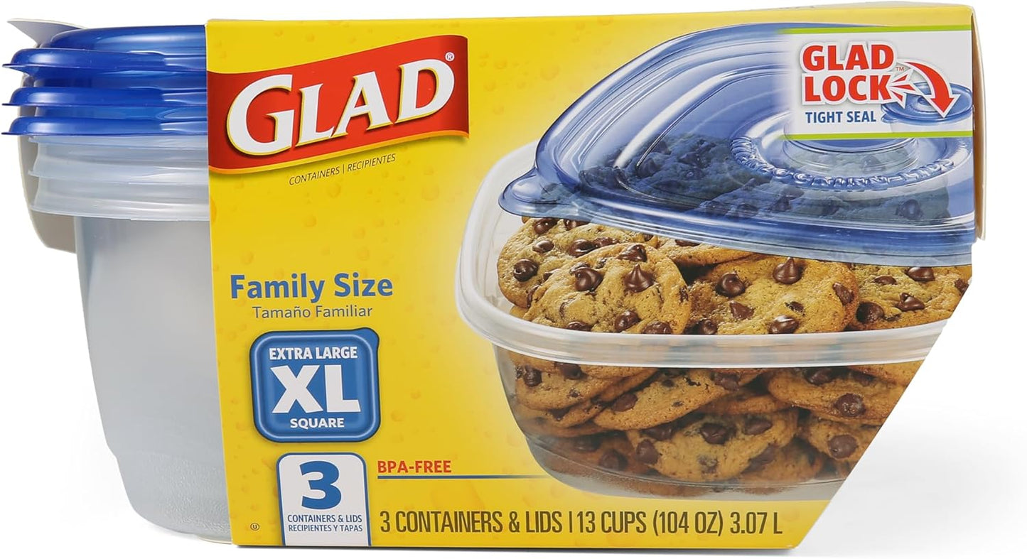 Glad GladWare Family Size Food Storage Containers, XL Square - Meal Container Holds up to 104 Ounces of Food - Lock Tight Seal, 3 Count - 3 Pack