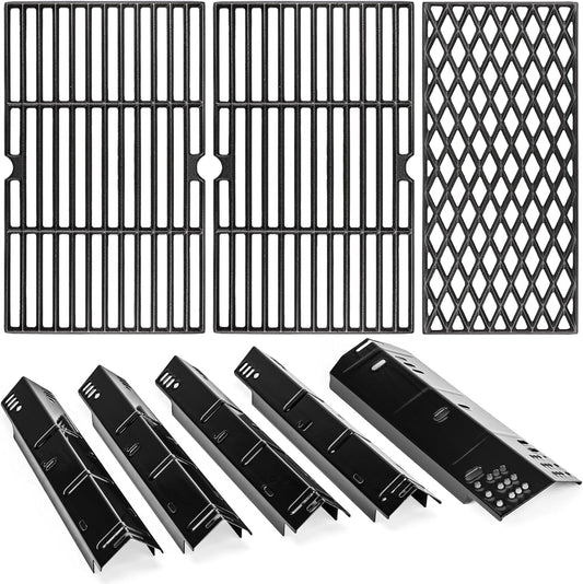 Uniflasy Grill Replacement Parts for Dyna-Glo DGH474CRP,DGH485CRP,Grill Part Kit for Dyna-Glo 3/4/5 Burner Grill,5-Pack Porcelain Steel Grill Heat Plates, 3-Pack Cast Iron Cooking Grates