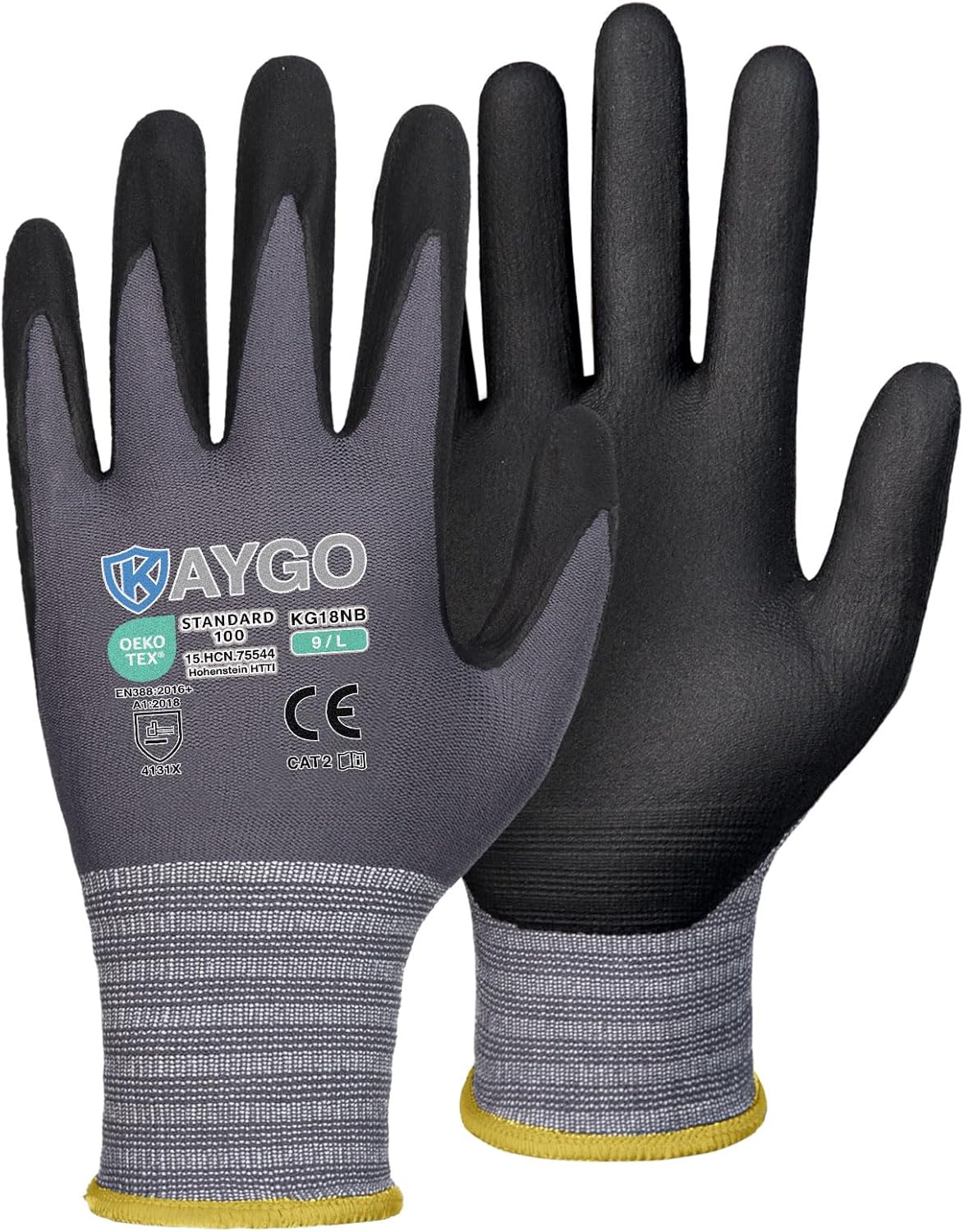KAYGO Safety Work Gloves MicroFoam Nitrile Coated-60 Pairs, KG18NB,Seamless Knit Nylon Glove with Black Micro-Foam Nitrile Grip,Ideal for General Purpose,Automotive,Home Improvement, Large
