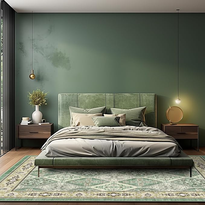 Area Rug for Living Room - Vintage Indoor Machine Washable Rug for Bedroom Dinning Room Floor - Soft Low-Pile Carpet Non-Slip Backing Floral Rugs Office (Green, 8' × 10')