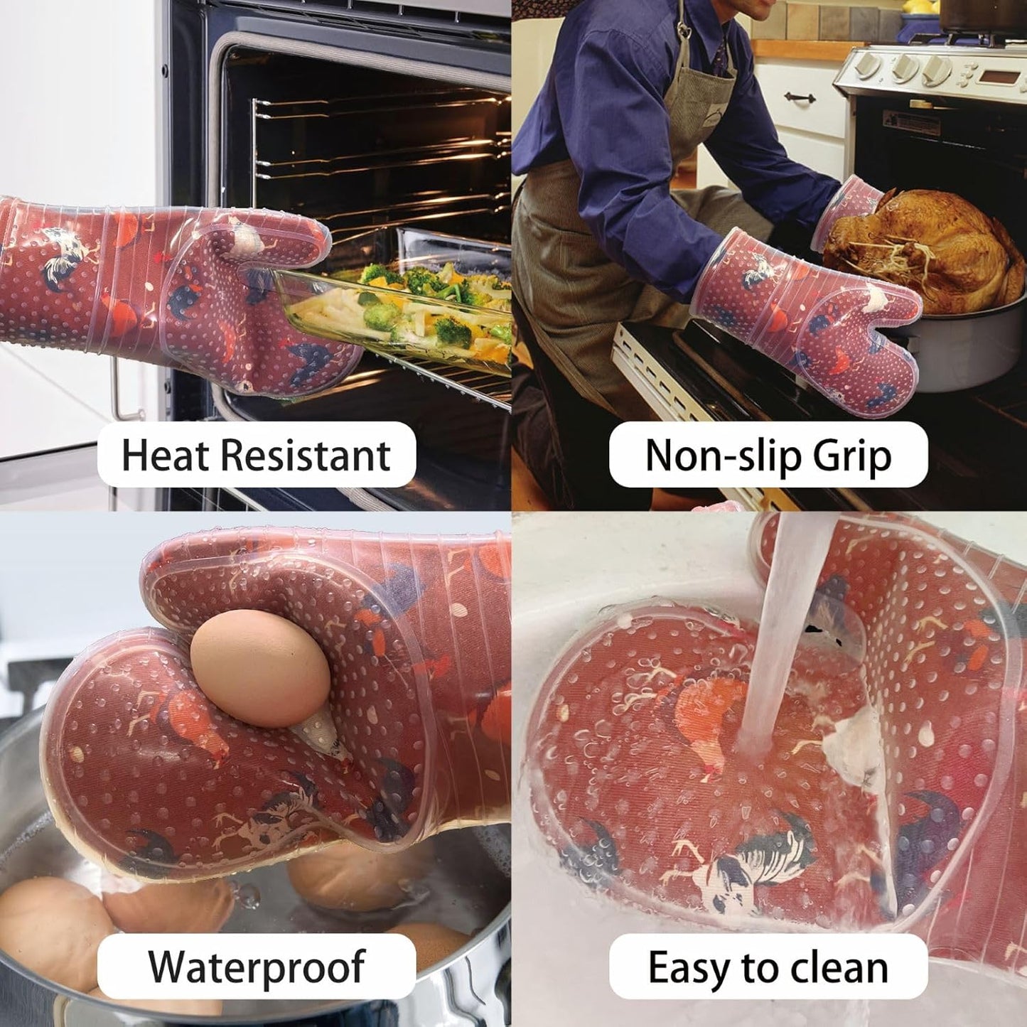 RED LMLDETA Oven Mitts Set of 2 with Transparent Clear Silicone Shell and Nice Shell Flower Cotton Lining, Heat Resistant to 500 F Kitchen Oven Gloves Pot Holder for Cooking (Rooster, Oven Mitts)