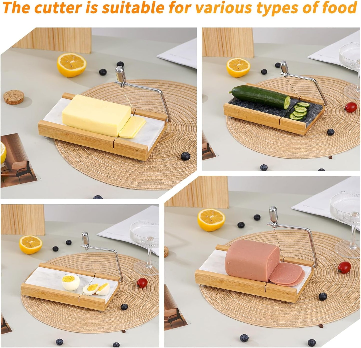 Tianman Cheese Slicer Cheese Cutter with 4 Replacement Cutting Wire,Heavy Duty 8.27"x 4.4",Marble Board Cheese Slicer for Block Cheeses, Butter,Cakes and More(White Grey)