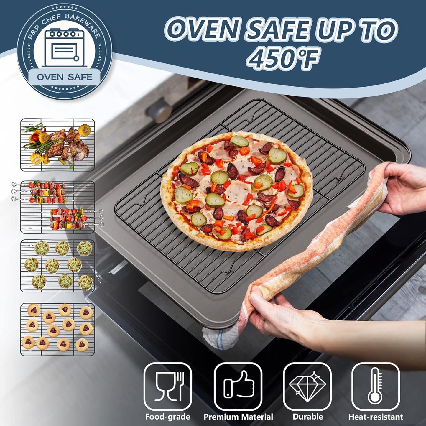 P&P CHEF Cooling Baking Rack Pack of 2, Stainless Steel Cooling Racks for Cooking Baking Roasting Grilling Drying, Dense Wires & Smooth Edge, Easy to clean, Black,15.3" x 11.25"