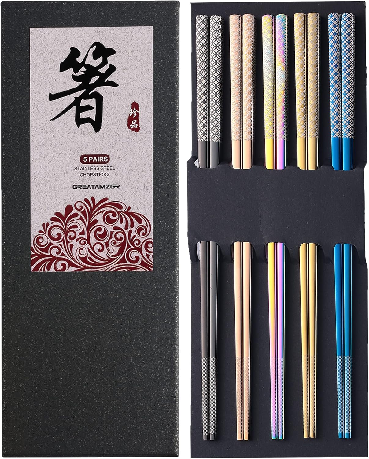 Metal Chopsticks Reusable Multicolor Stainless Steel Chopsticks Dishwasher Safe Chop Sticks Laser Engraved Copper Coin Pattern Square Non-slip, 9 1/4 Inches 5 Pairs Gift Set