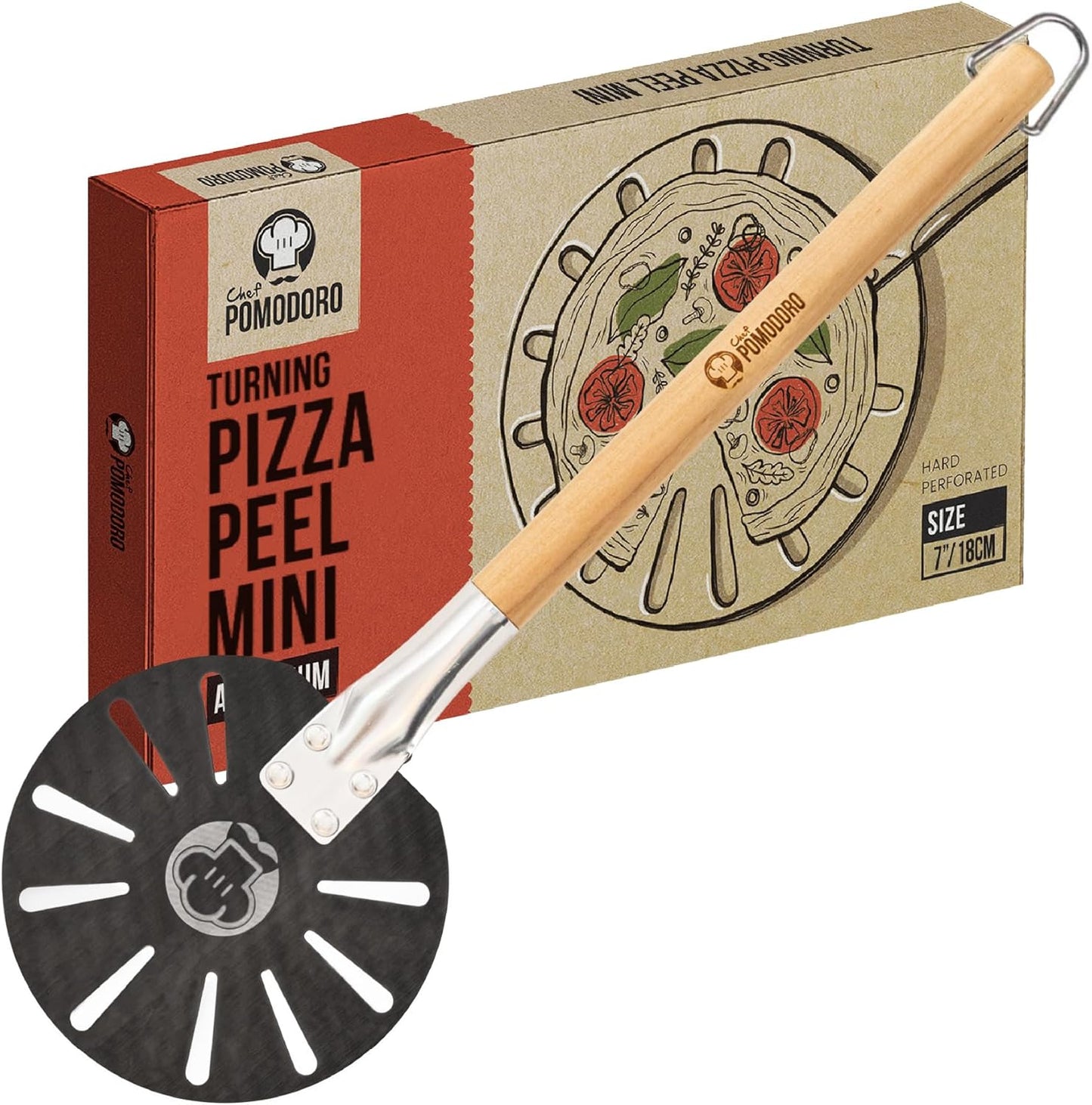 Chef Pomodoro Pizza Turning Peel Aluminium with Wood Handle for Easy Storage, Perforated Pizza Peel Turner, Gourmet Luxury Pizza Paddle for Baking Homemade Pizza Bread, Pizza Turner (7-Inch)