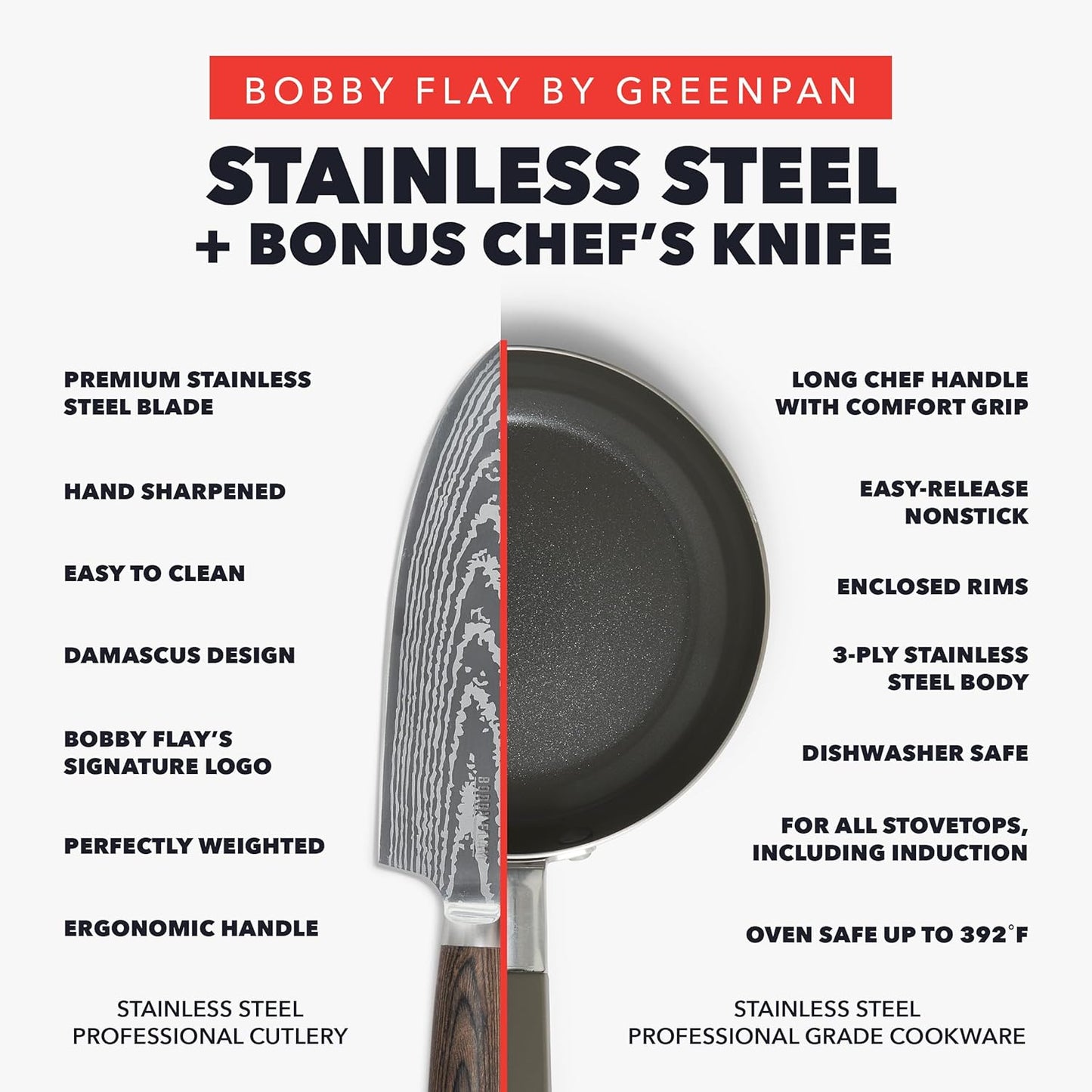 GreenPan x Bobby Flay Stainless Steel 12 Piece Cookware Pots and Pans Set and 8" Chef's Knife, Professional Grade Tri Ply, PFAS-Free Ceramic Nonstick, Induction Suitable, Dishwasher & Oven Safe
