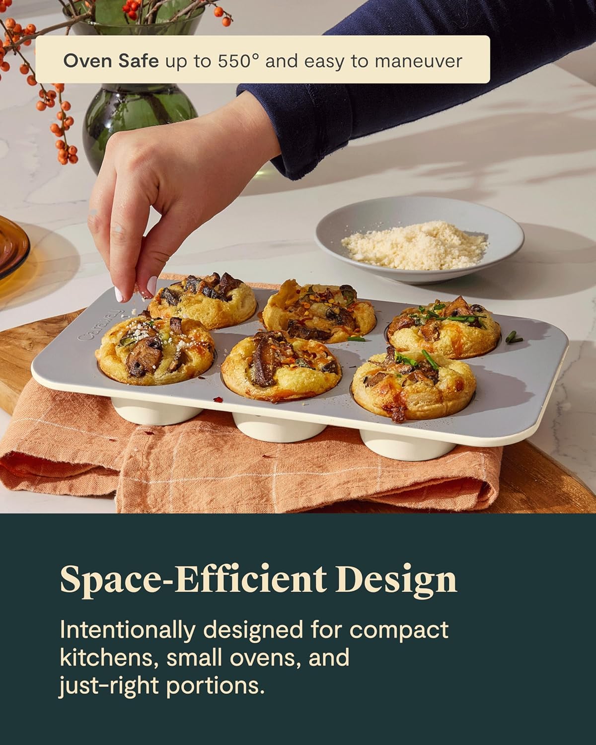 Caraway Nonstick Ceramic 6 Cup Muffin Pan – Non-Toxic, PTFE & PFOA Free – Oven Safe – Aluminized Steel Core – Small Muffin Pan for Baking Cupcakes, Muffins & More - Gray