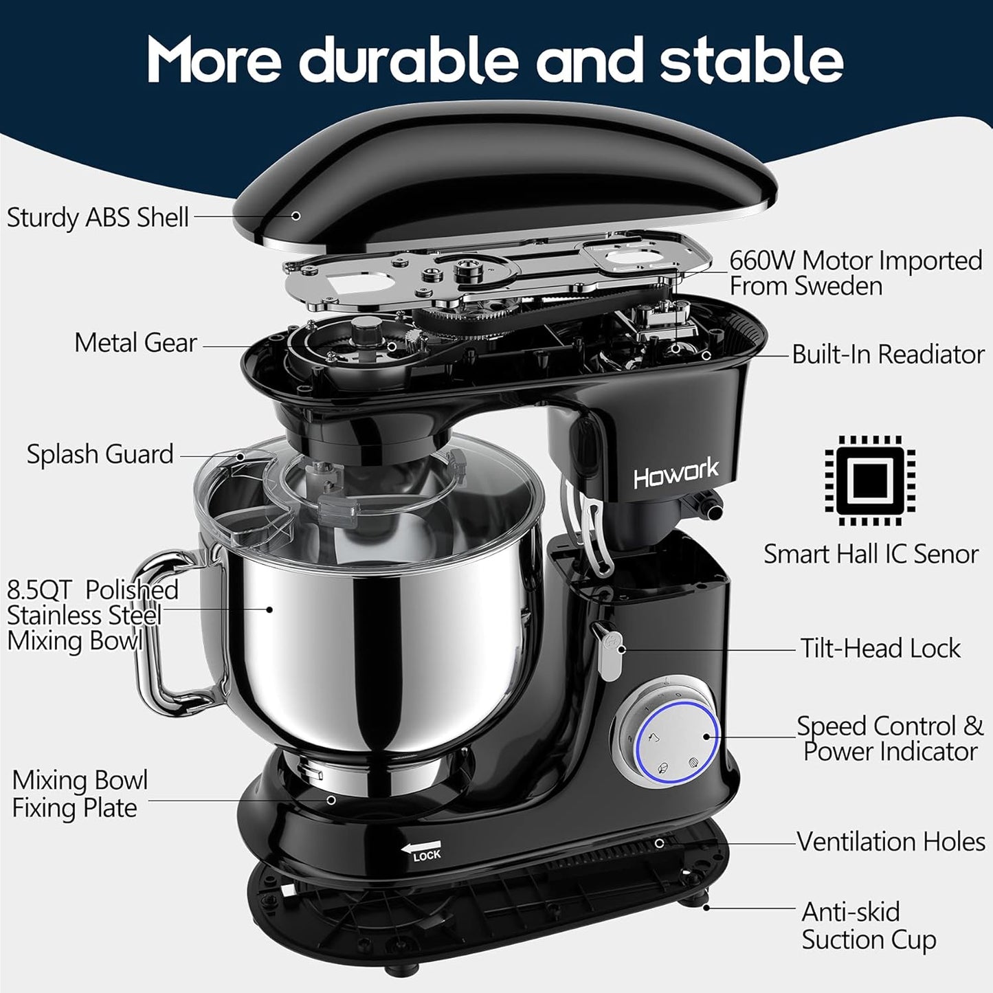 HOWORK 8.5QT Stand Mixer, 660W 6+P Speed Tilt-Head, Electric Kitchen Mixer With Dishwasher-Safe Dough Hook, Beater, Wire Whip & Pouring Shield (8.5 QT, Black)