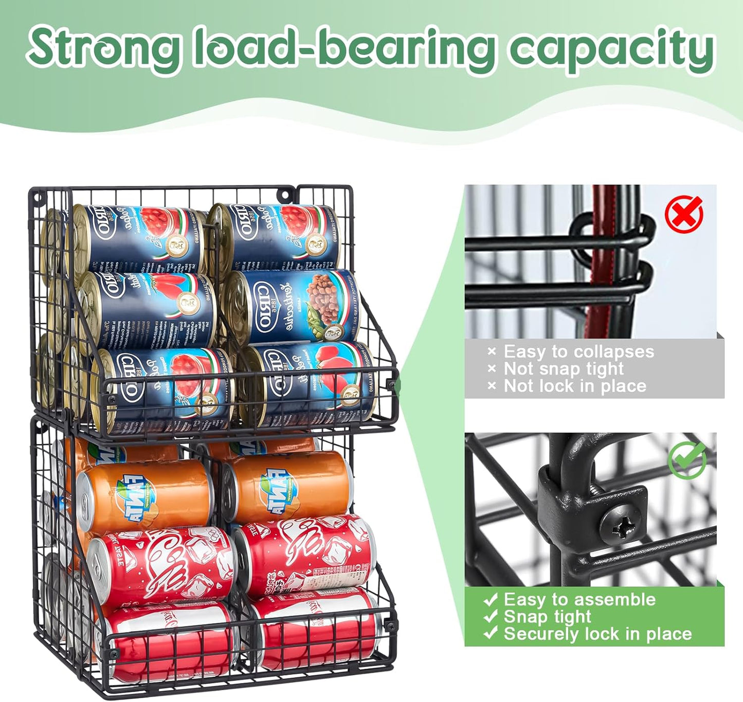 Stackable Can Organizer for Pantry with 2 Adjustable Dividers, Soda Can Organizer, Can Storage Dispenser Holds up to 28 Cans, 2 tier Metal Wire Baskets Can Holder for Kitchen Cabinet Pantry, Black