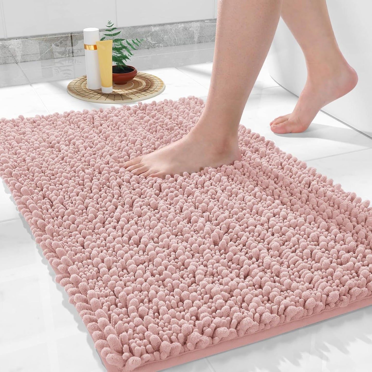 Yimobra Bathroom Rugs Non Slip Washable 32x20 Inch - Ultra Soft Absorbent Chenille Bath Mat, Quick Dry Shaggy Floor Carpet for Tub Shower, Light Pink Home Decor Accessories