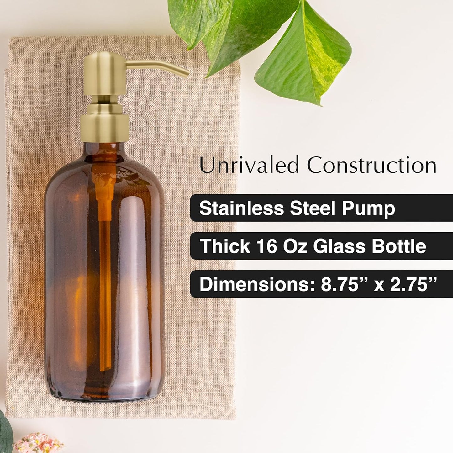 Vine Creations Amber Glass Soap Dispenser, 2 Pack Kitchen Soap Dispenser Set with Stainless Steel Pump, 16 oz Hand Soap and Dish Soap Dispensers for Kitchen or Bathroom with Waterproof Labels