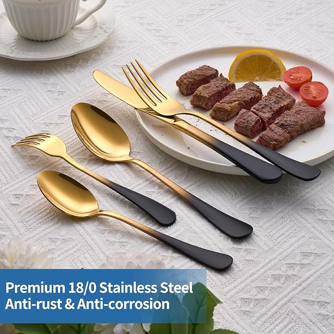 20-Piece Black Gold Silverware Set, 18/0 Stainless Steel Colorful Handle Flatware Set,Service for 4,Modern Cutlery Set Includes Dinner Knives Forks Spoons,Mirror Polished,Dishwasher Safe