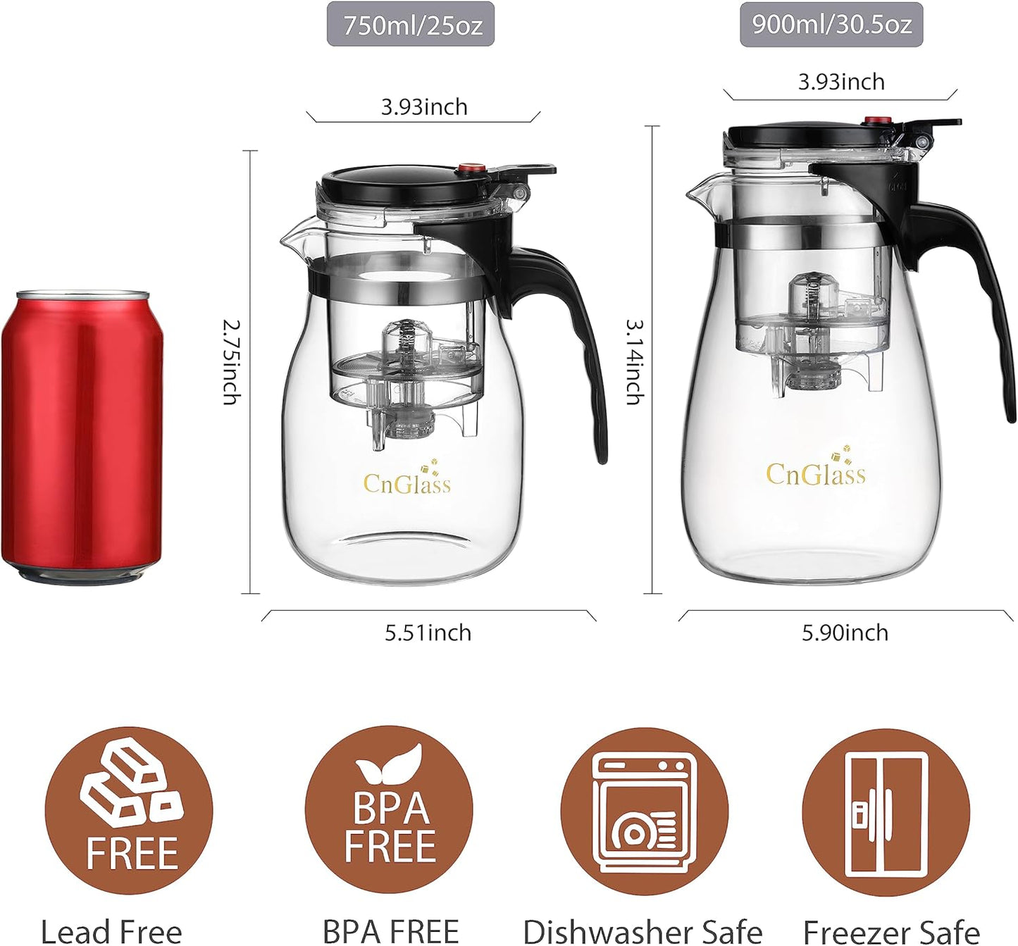 CNGLASS Glass Teapot with Removable Infuser,30.5oz Clear Tea Kettle with One Button Press to Filter the Tea Soup,Loose Leaf and Blooming Tea Maker