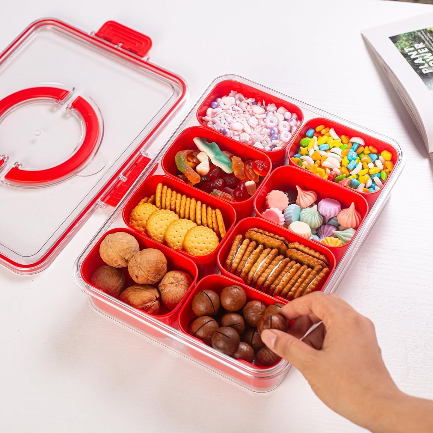 Divided Serving Tray with Lid and Handle - Snackle Box Charcuterie Container for Portable Snack Platters Organizer for Candy, Fruits, Nuts, Snacks - Perfect for Party, Entertaining, Red