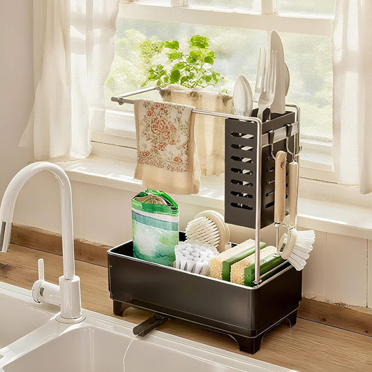 MOUKABAL Sponge Holder for Kitchen Sink, 2-Tier Sink Caddy Organizer with Drain Holes and Hooks, Holds Dishcloth, Sponge & Brushes, Kitchen Countertop Storage for New Home Essentials Black