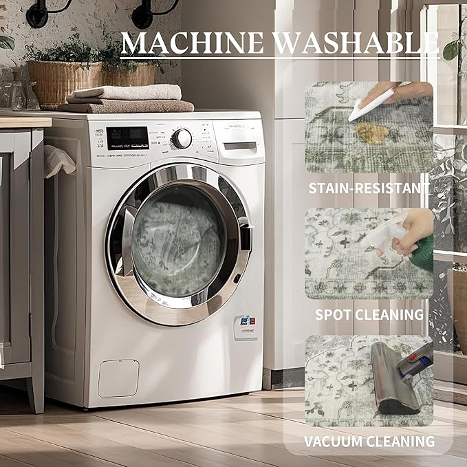 Area Rug for Living Room - Vintage Indoor Machine Washable Rug for Bedroom Dinning Room Floor - Soft Low-Pile Carpet Non-Slip Backing Floral Rugs for Office (Sage Green, 9' × 12')