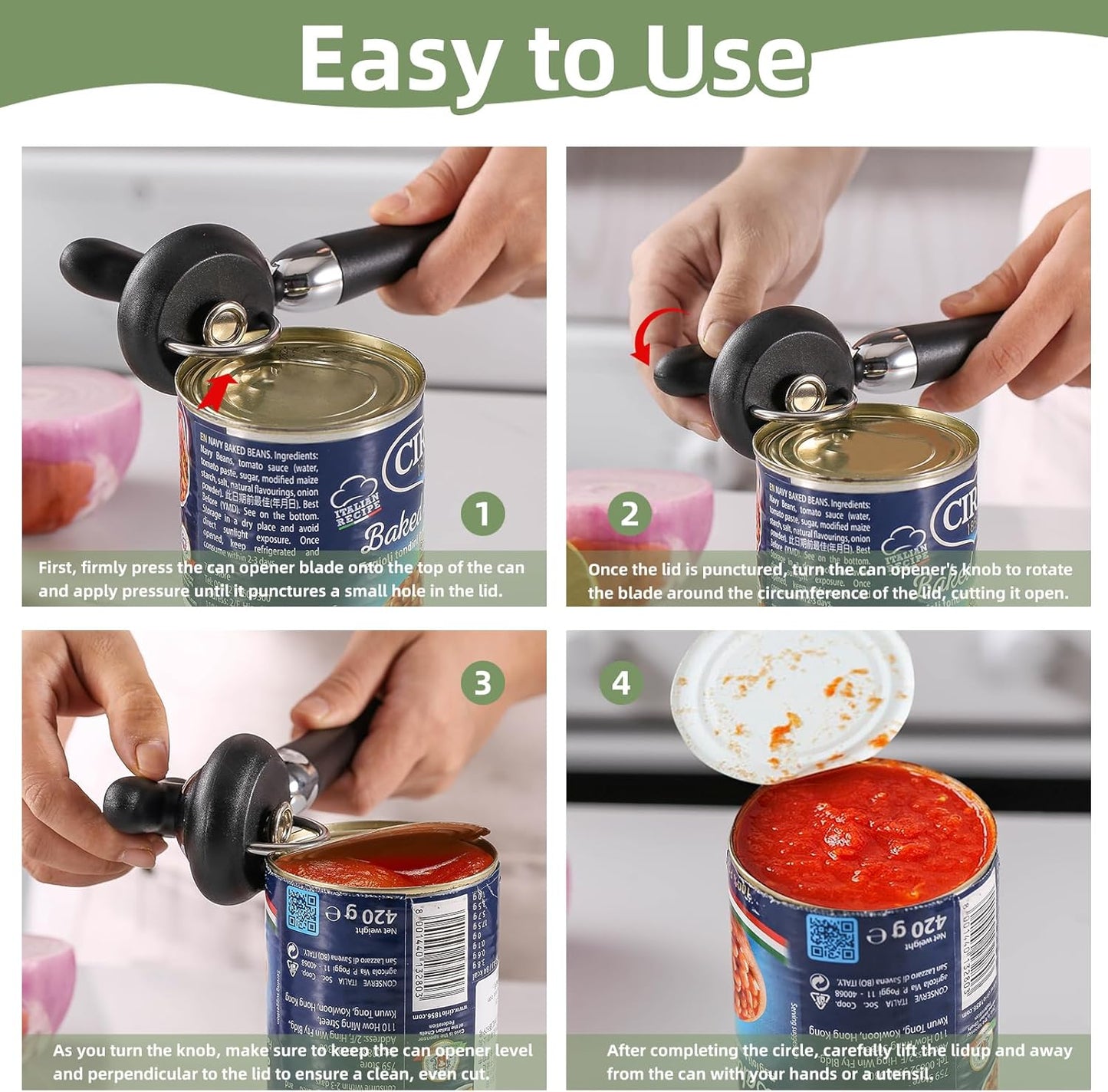 Can Opener Manual Tin Opener Stainless Steel Heavy Duty, Oversized Hand-held Easy Rotary Knob, Safe Cut Manual Can Opener with Non-Slip Handle, Smoother Cut Sharp Blade for Seniors Kitchen Tool, Black