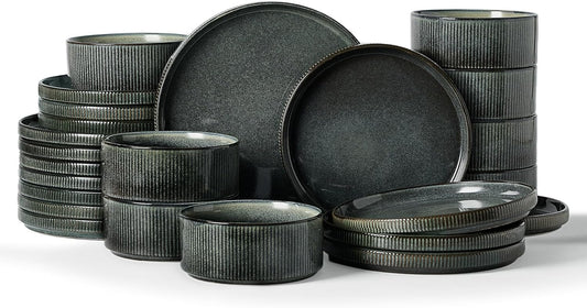 Famiware Star Dinnerware Set, Plates and Bowls Sets for 8 (24pcs), Ribbed Stoneware Dishes - Chip & Scratch Resistant, Microwave & Dishwasher Safe, Deep Forest