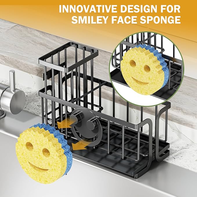 Epicano Sink Caddy Sponge Holder, Smiley Face Sponge Rack with High Brush Holder,Rustproof Kitchen Countertop Organizer,Kitchen Gadgets Sink Accessories, 7.6" x 6.3" x 4.1", Black