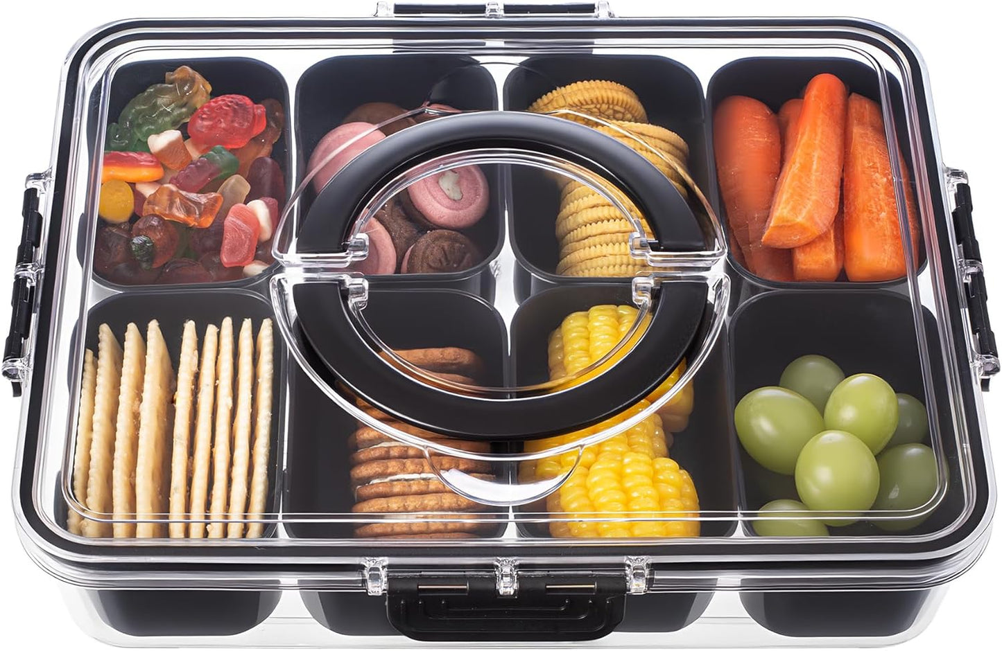 Divided Serving Tray with Lid and Handle - Snackle Box Charcuterie Container for Portable Snack Platters Organizer for Candy, Fruits, Nuts, Snacks - Perfect for Party, Entertaining, Black
