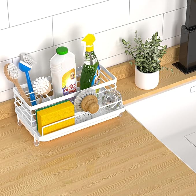 Cisily Sink Caddy Organizer, Kitchen Sink Accessories with Drip Tray, Rustproof and Non-Slip, White