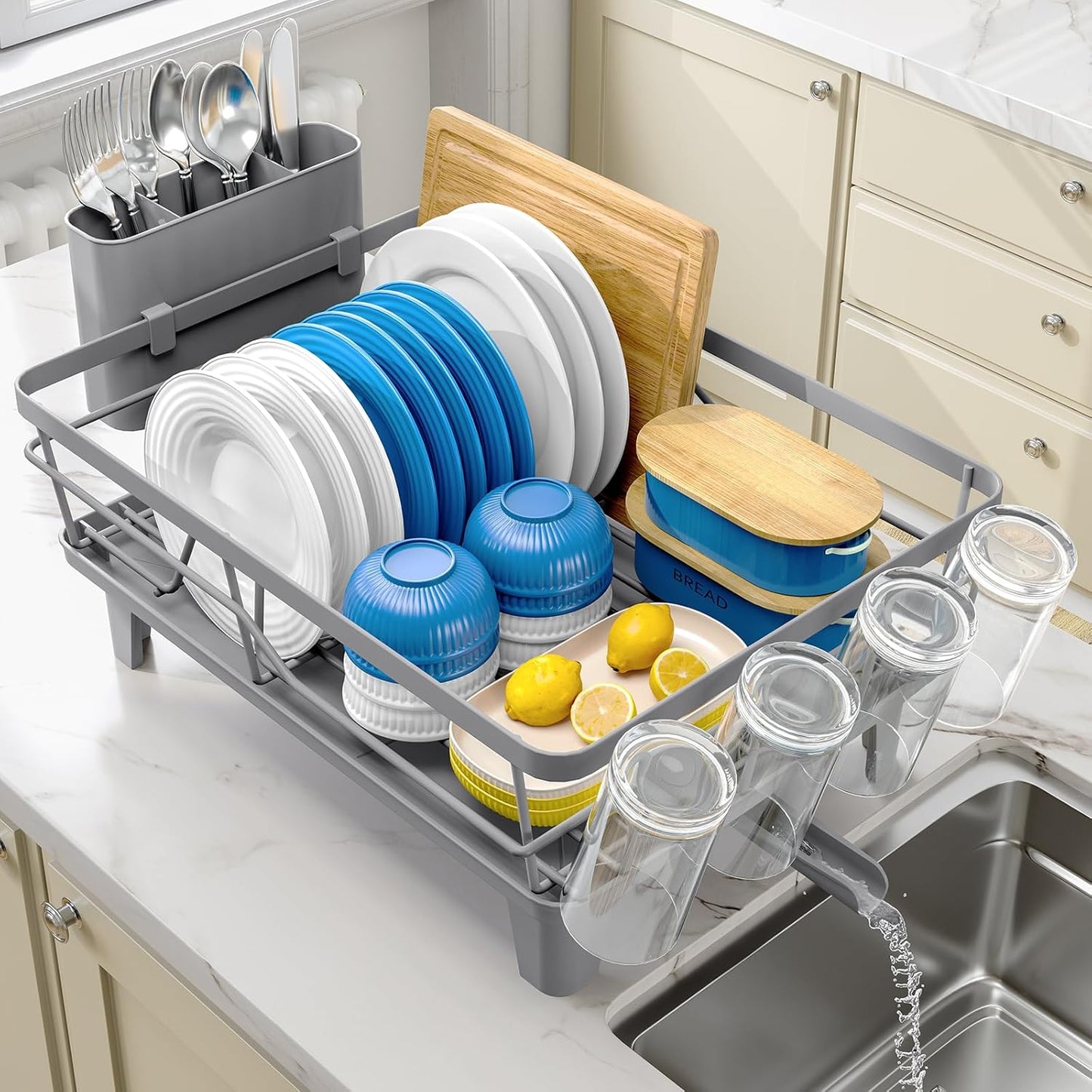 Dish Drying Rack for Kitchen Counter, Sink Dish Rack with Drainboard, Large Dish Drainer with Cups Holder, Home Countertop Plate Dryer Storage Rack with Cutlery Holder, Gray