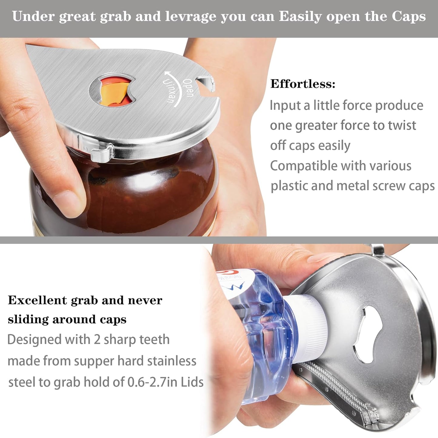 Jar Bottle Can Opener for Weak Hands & Arthritis - Effortless Twist Off Lids (0.6"-2.7") & Pull Tab Seals | Premium 304 Stainless Steel, Patented | Portable Senior-Friendly Kitchen Gadget