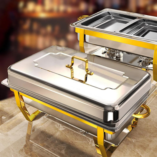 Chafing Dishes for Buffet 2 Pack, [Elegant Gold and Silver] Stainless Steel Chafing Dish Buffet Set, 9QT No-Finger Cut Roll Edge Chafers and Buffet Warmers Sets for Party (Gold 1/2 Panx2)
