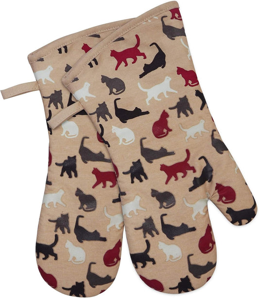 RED LMLDETA Oven Mitts Gloves 1 Pair Heat Resistant 480 ℉ Non Slip Clear Silicone Printed Comfortable Cotton Lining Kitchen Women Men Cooking Barbecue Microwave Machine Washable (Cat, Khaki Mittens)