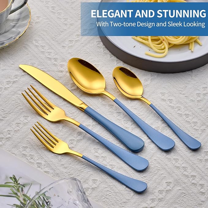 20-Piece Grey blue & Gold Silverware Set, 18/0 Stainless Steel Colorful Handle Flatware Set,Service for 4,Modern Cutlery Set Includes Dinner Knives Forks Spoons,Mirror Polished,Dishwasher Safe