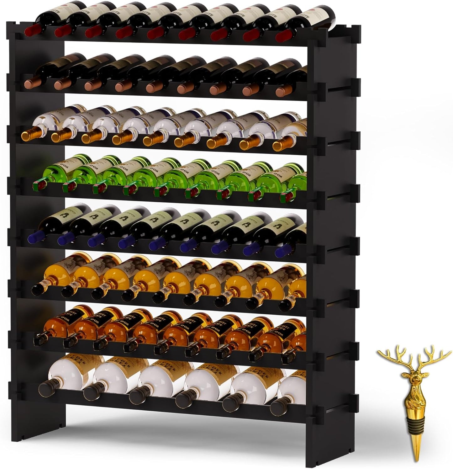 Wine Rack Freestanding Floor, Bamboo 8-Tier 69 Wine Bottle Holder Racks Countertop Cabinet Display, Wooden Stackable Modular Wine Storage Organizer Shelves for Kitchen Bar Cellar Dining Room Black