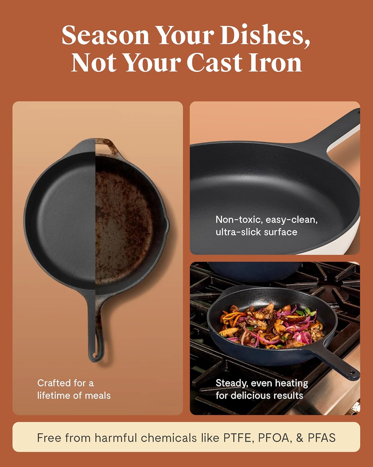 Caraway Cast Iron Skillet - 10.5” Enameled Cast Iron Pan With 3 Layer Enamel Coating - No Seasoning Required - Compatible With All Stovetops - Free From Forever Chemicals - Light Mist