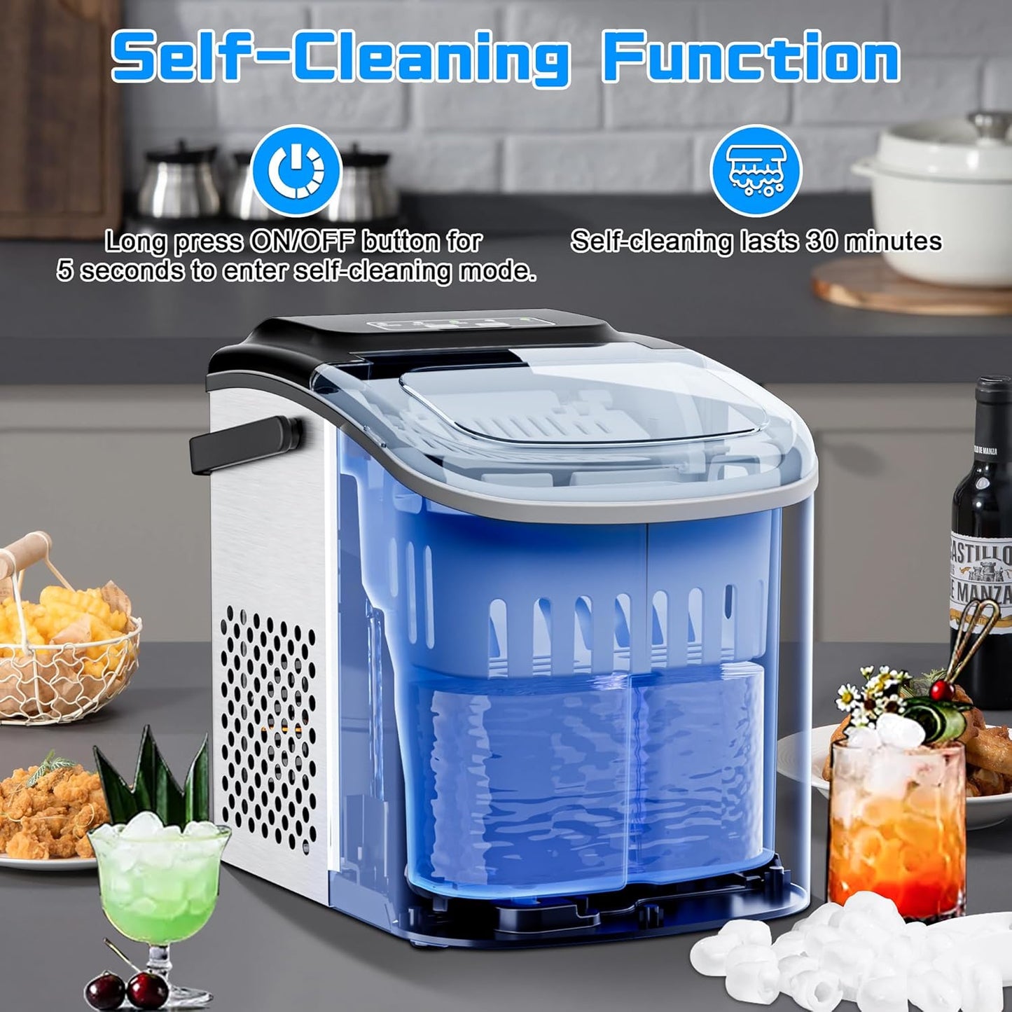 Countertop Ice Maker 26lbs/24H Portable Ice Machine with 2 Sizes of Ice Cubes, 9 Ice Cubes in 8 Mins, Stainless Steel Design Ice Scoop & Basket Included Self-Cleaning for Home, Kitchen, Bar, RV