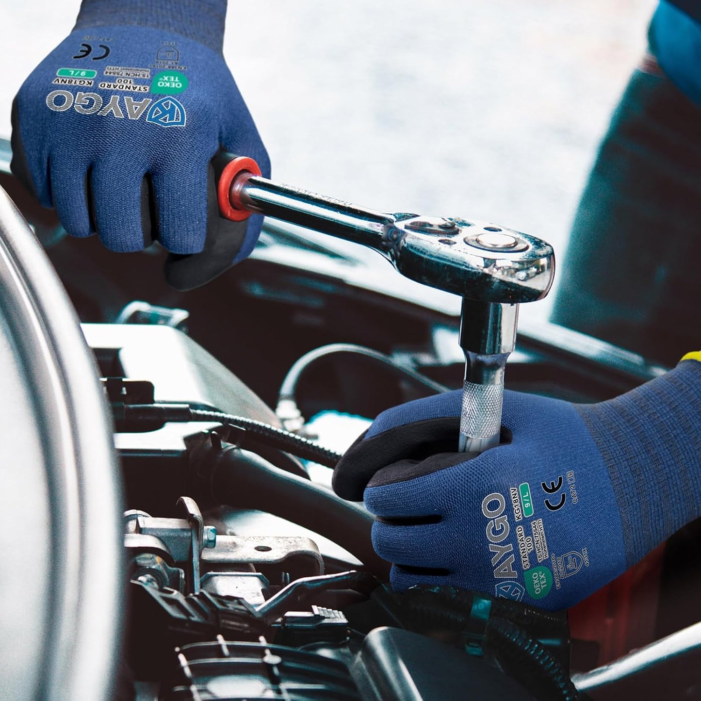 KAYGO Safety Work Gloves MicroFoam Nitrile Coated-12 Pairs, KG18NB,Seamless Knit Nylon Glove with Black Micro-Foam Nitrile Grip,Ideal for General Purpose,Automotive,Home Improvement, Dark Blue, XL