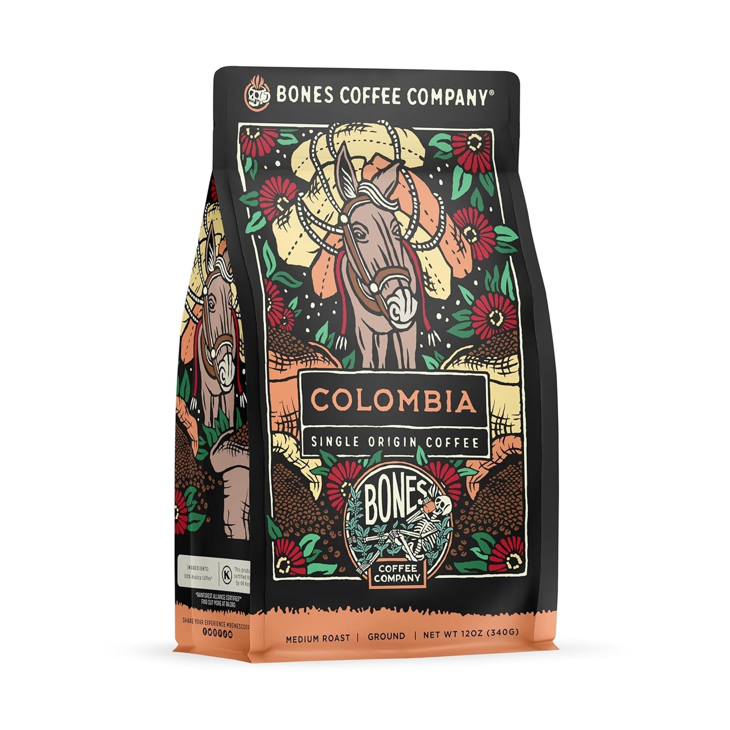 Bones Coffee Company Colombia Single-Origin Coffee, Almonds, Dried Fruit, Vanilla Notes, Flavored Ground Coffee, Medium Roast Low Acid Arabica Beans for Coffee Maker, 12 oz Ground
