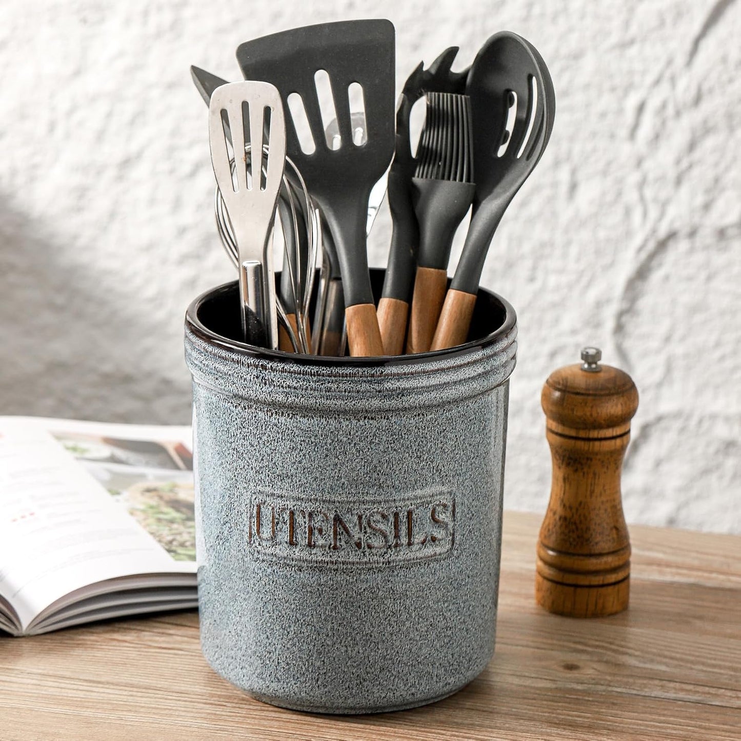 HVH Kitchen Utensil Holder for Countertop, 6 x 7 inch Large Utensil Holder, Ceramic Utensil Crock, Farmhouse Kitchen Décor, Deep and Heavy (Wabi sabi)