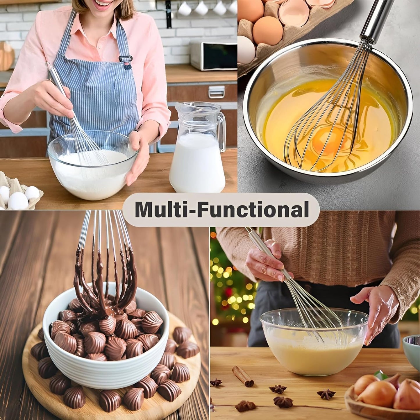 8-Inch Stainless Steel Whisk, Handheld Egg Beater for Mixing Batter, Whipping Cream