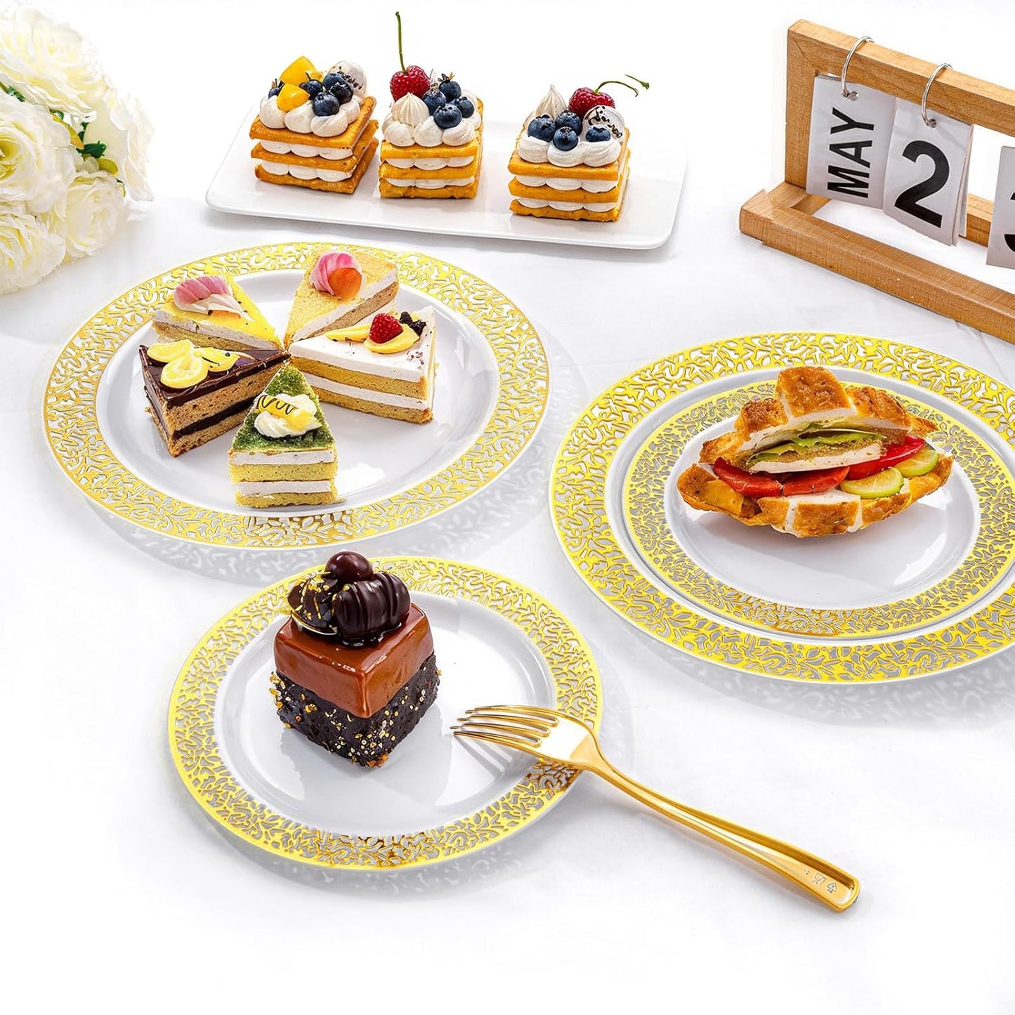 I00000 200 Pieces White and Gold Plastic Plates, Disposable Plastic Plates for 100 Guests Include: 100 Pcs Dinner Plate 10.25” and 100 Pcs Dessert Plate 7.5” with Gold Lace Rim Perfect for Party