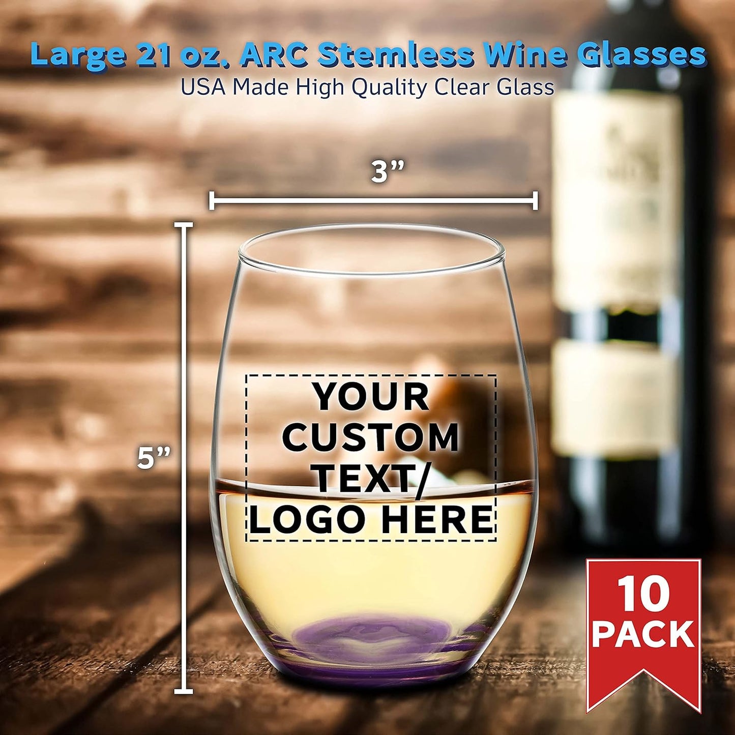 DISCOUNT PROMOS 10 ARC Stemless Wine Glasses Set, 21 oz. - Customizable Text, Logo - Chardonnay, Cabernet, Merlot, Sauvignon - Purple
