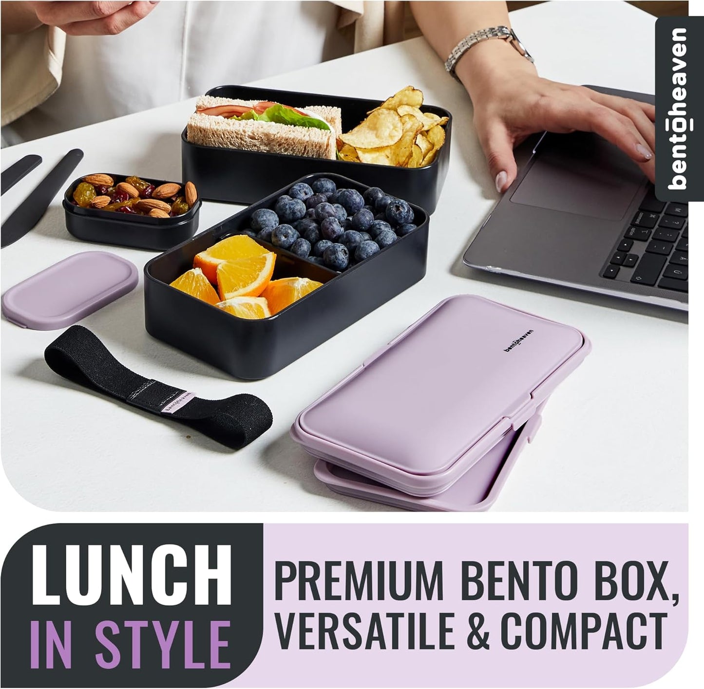 Bentoheaven Premium Bento Box Adult Lunch Box with Compartments for Women & Men, Set of Utensil & Chopsticks & Dip Container, Cute Japanese Kids Bento Lunch Box, Microwavable (Violet Me Go)